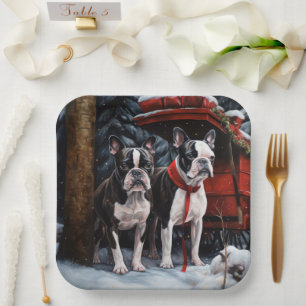 Boston Terrier Snowy Sleigh Christmas Decor Paper Plate