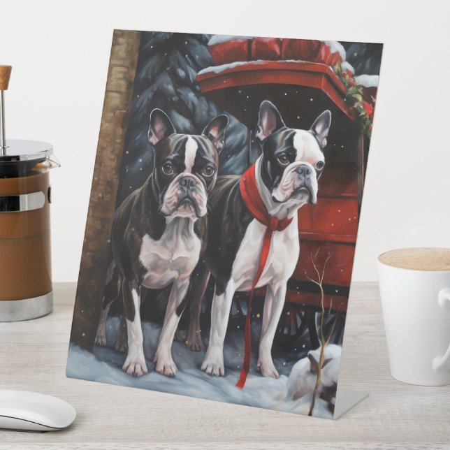 Boston Terrier Snowy Sleigh Christmas Decor    Pedestal Sign (In SItu)
