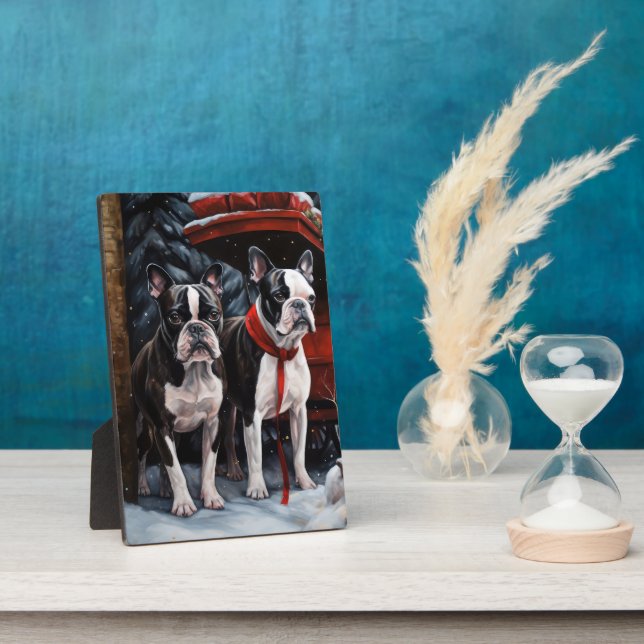 Boston Terrier Snowy Sleigh Christmas Decor   Plaque (Side)