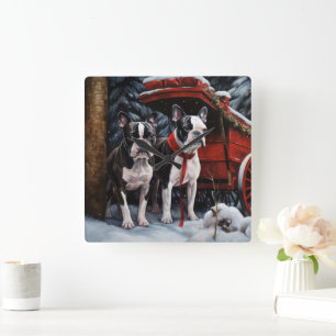 Boston Terrier Snowy Sleigh Christmas Decor    Square Wall Clock