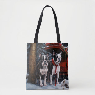 Boston Terrier Snowy Sleigh Christmas Decor   Tote Bag