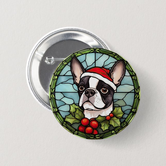 Boston Terrier Stained Glass Christmas 2 Inch Round Button (Front & Back)