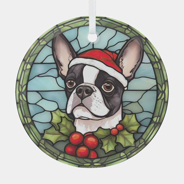 Boston Terrier Stained Glass Christmas Ornament (Front)