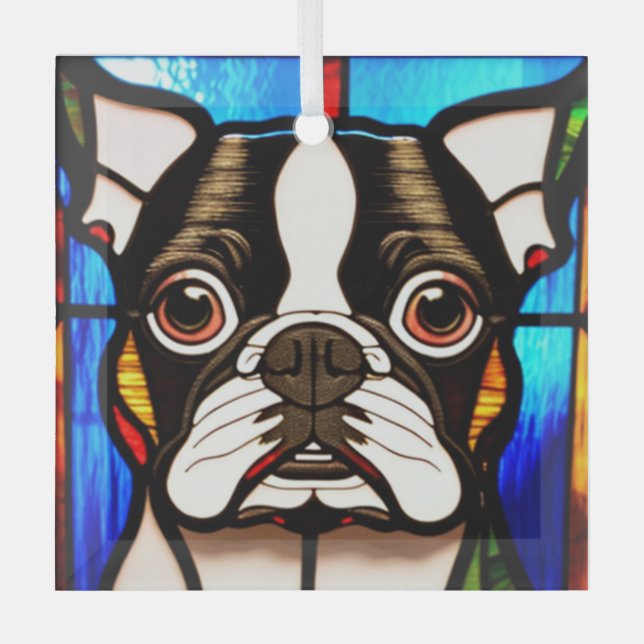 Boston Terrier "Stained Glass"  Glass Ornament (Front)