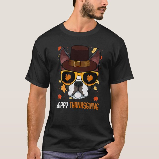 Boston Terrier Sunglasses Turkey Thanksgiving Day  T-Shirt (Front)