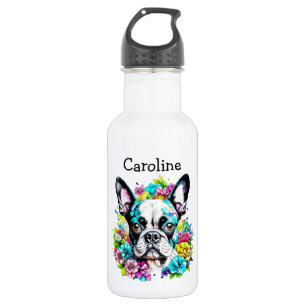 Boston Terrier surrounded by Flowers Personalized 532 Ml Water Bottle