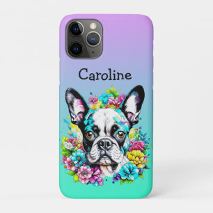 Boston Terrier surrounded by Flowers Personalized iPhone 11 Pro Case