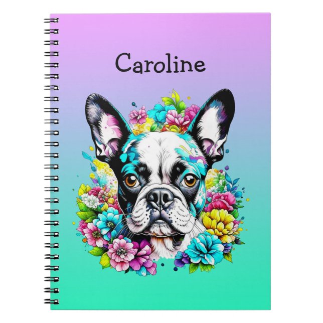 Boston Terrier surrounded by Flowers Personalized Notebook (Front)