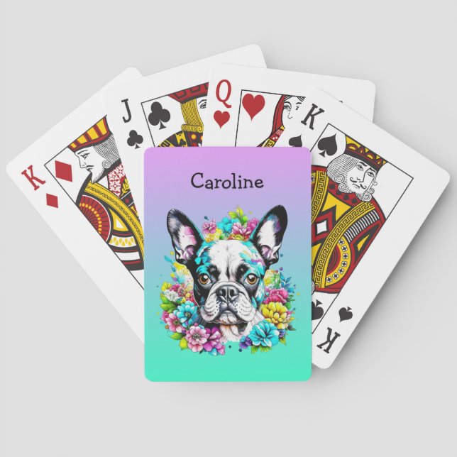 Boston Terrier surrounded by Flowers Personalized Playing Cards (Back)
