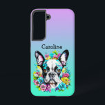 Boston Terrier surrounded by Flowers Personalized Samsung Galaxy Case<br><div class="desc">Cute Boston Terrier Dog surrounded by pink, yellow and blue flowers. Ai art. Cute gift for Boston Terrier owners.</div>