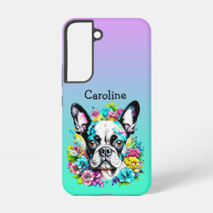 Boston Terrier surrounded by Flowers Personalized Samsung Galaxy Case