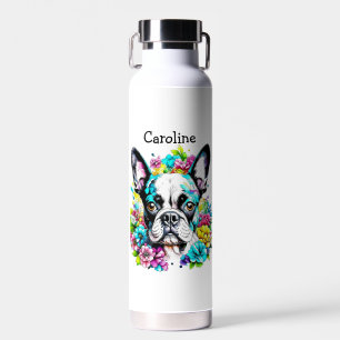 Boston Terrier surrounded by Flowers Personalized Water Bottle