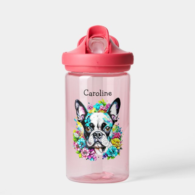 Boston Terrier surrounded by Flowers Personalized Water Bottle (Front)