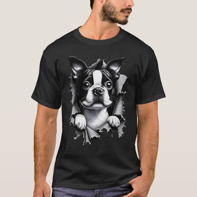 Boston Terrier Tearing Out Ripping Through T-Shirt (Front)