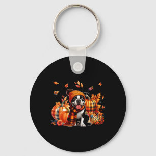 Boston Terrier Thanksgiving Leopard Pumpkins Fall Keychain