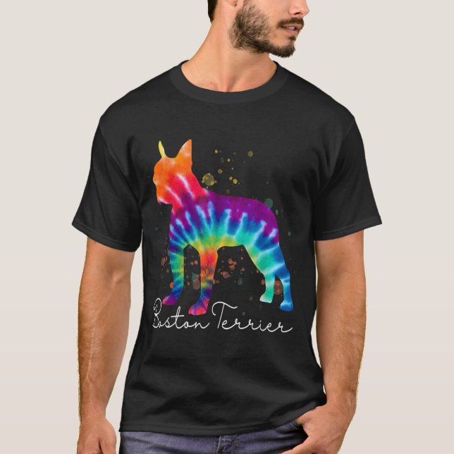 Boston Terrier Tie Dye Rainbow Dog Lover T-Shirt (Front)
