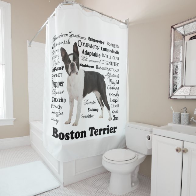 Boston Terrier Traits Shower Curtain (In Situ)