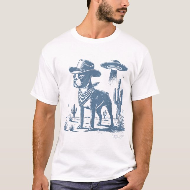 Boston Terrier Ufo Cowboy Dog Dog Mom Dog Dad Alie T-Shirt (Front)
