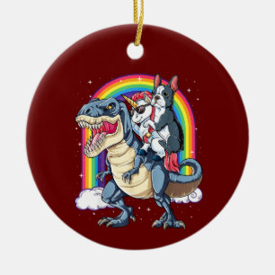 Boston Terrier Unicorn Riding Dinosaur Ceramic Ornament