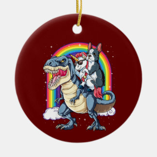 Boston Terrier Unicorn Riding Dinosaur Ceramic Ornament