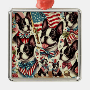 Boston Terrier Vintage Seamless Illustration Metal Ornament