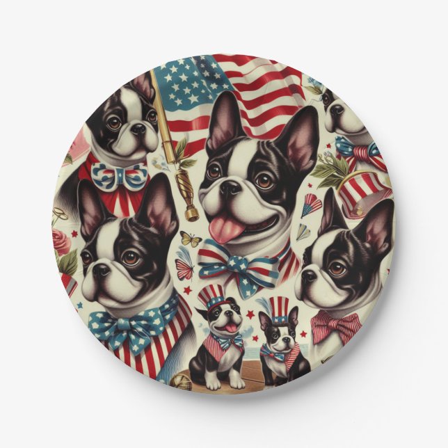 Boston Terrier Vintage Seamless Illustration Paper Plate (Front)