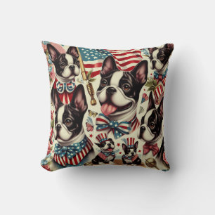 Boston Terrier Vintage Seamless Illustration Throw Pillow