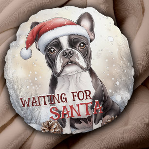 Boston Terrier Waiting For Santa Dog Watercolor  Round Pillow