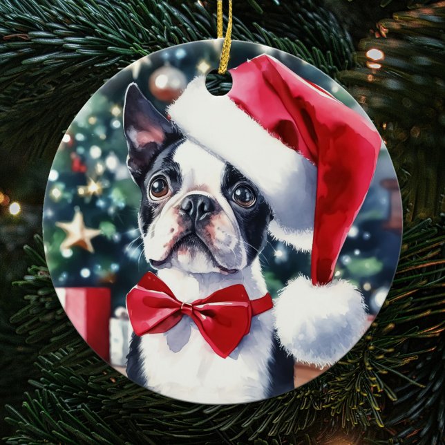 Boston Terrier Watercolor Christmas Ceramic Ornament (Creator Uploaded)