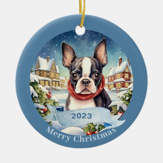 Boston Terrier Watercolor Dog Christmas Ceramic Ornament (Front)