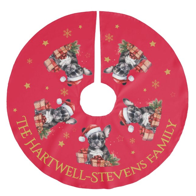 Boston Terrier Wearing A Christmas Hat Brushed Polyester Tree Skirt (Front)