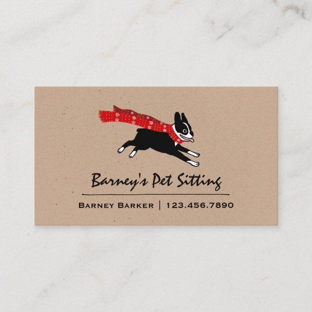 Boston Terrier Wearing Red Winter Scarf Business Card (Front)