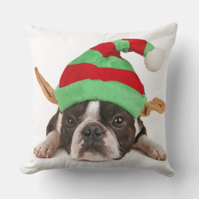 Boston Terrier With A Christmas Hat Throw Pillow (Front)