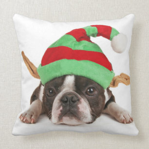 Boston Terrier With A Christmas Hat Throw Pillow
