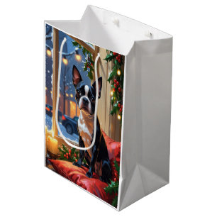 Boston Terrier with Christmas Lights Holiday Medium Gift Bag