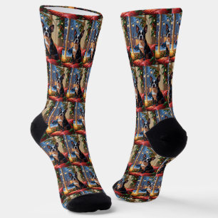 Boston Terrier with Christmas Lights Holiday Socks