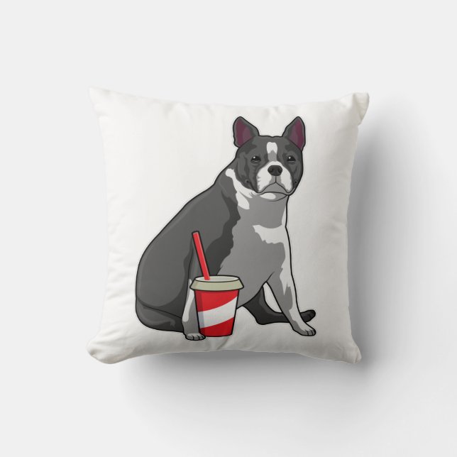 Boston Terrier with Drink Throw Pillow (Front)