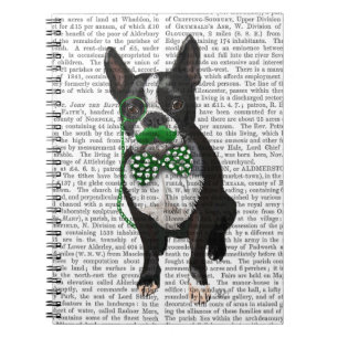 Boston Terrier With Green Moustache And Spotty Notebook
