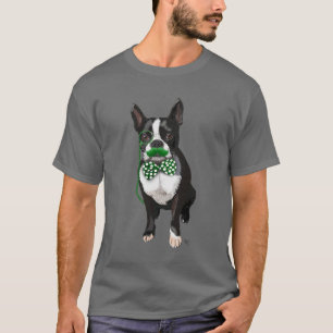 Boston Terrier With Green Moustache And Spotty T-Shirt
