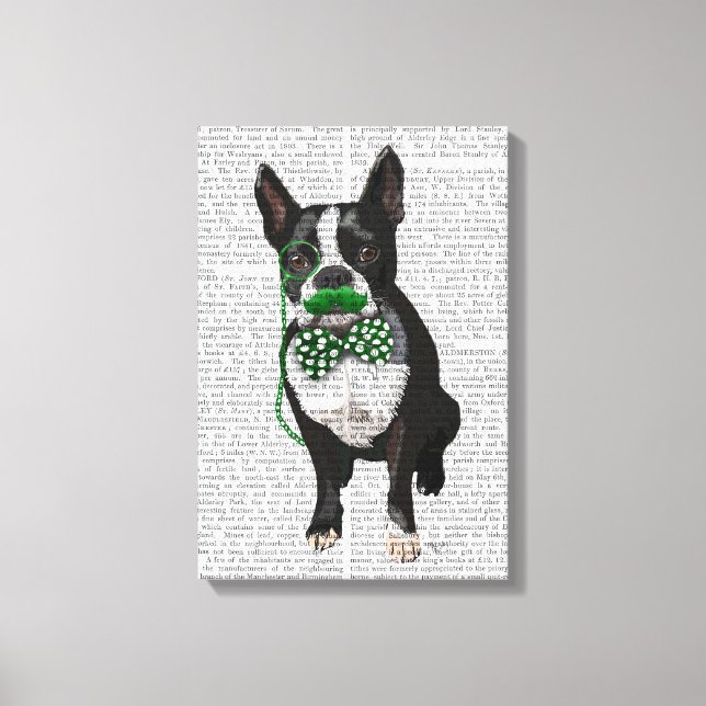 Boston Terrier With Green Moustache & Spotted Tie Canvas Print (Front)