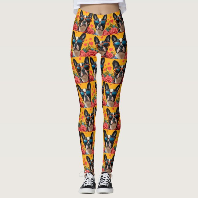 Boston Terrier With Heart Roses Valentine's Day Leggings (Front)