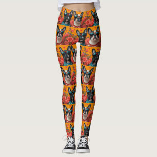Boston Terrier With Heart Roses Valentine's Day Leggings
