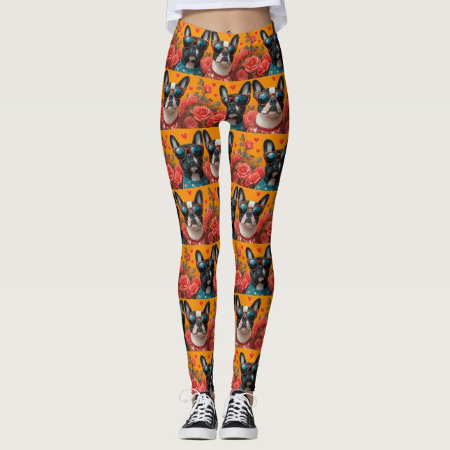 Boston Terrier With Heart Roses Valentine's Day Leggings (Front)