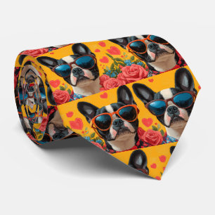 Boston Terrier With Heart Roses Valentine's Day Tie