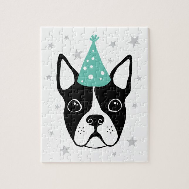 Boston terrier with party hat and stars jigsaw puzzle (Vertical)