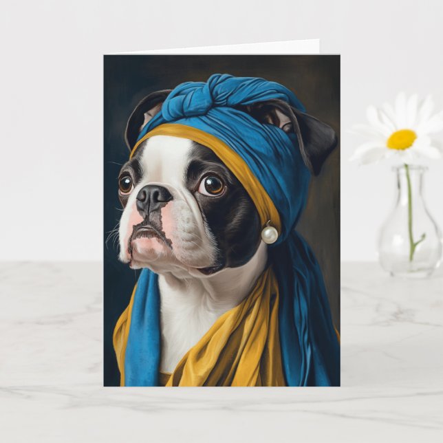 Boston Terrier With Pearl Earring All Occasions  Card (Small Plant)