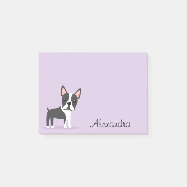 Boston terrier with personalized name purple post-it notes (Front)