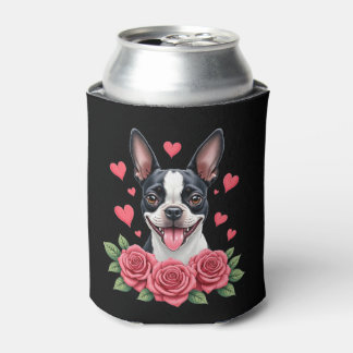 Boston Terrier with Red Roses Hearts Valentine�s D Can Cooler