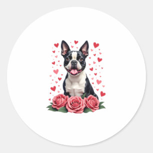 Boston Terrier with Red Roses Hearts Valentine�s D Classic Round Sticker