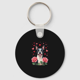 Boston Terrier with Red Roses Hearts Valentine�s D Keychain